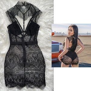 Fashion Nova High Neck Lace Dress - Black